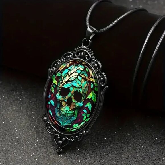 Gothic Skull Glass Pendant Necklace Vintage Style Choker Cameo Black Green NWOT - Picture 2 of 5